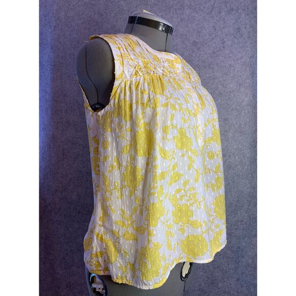 Loft Yellow Floral Pleated Yoke Mixed Media Top, Sleeveless, Women’s Size Small - Picture 4 of 12